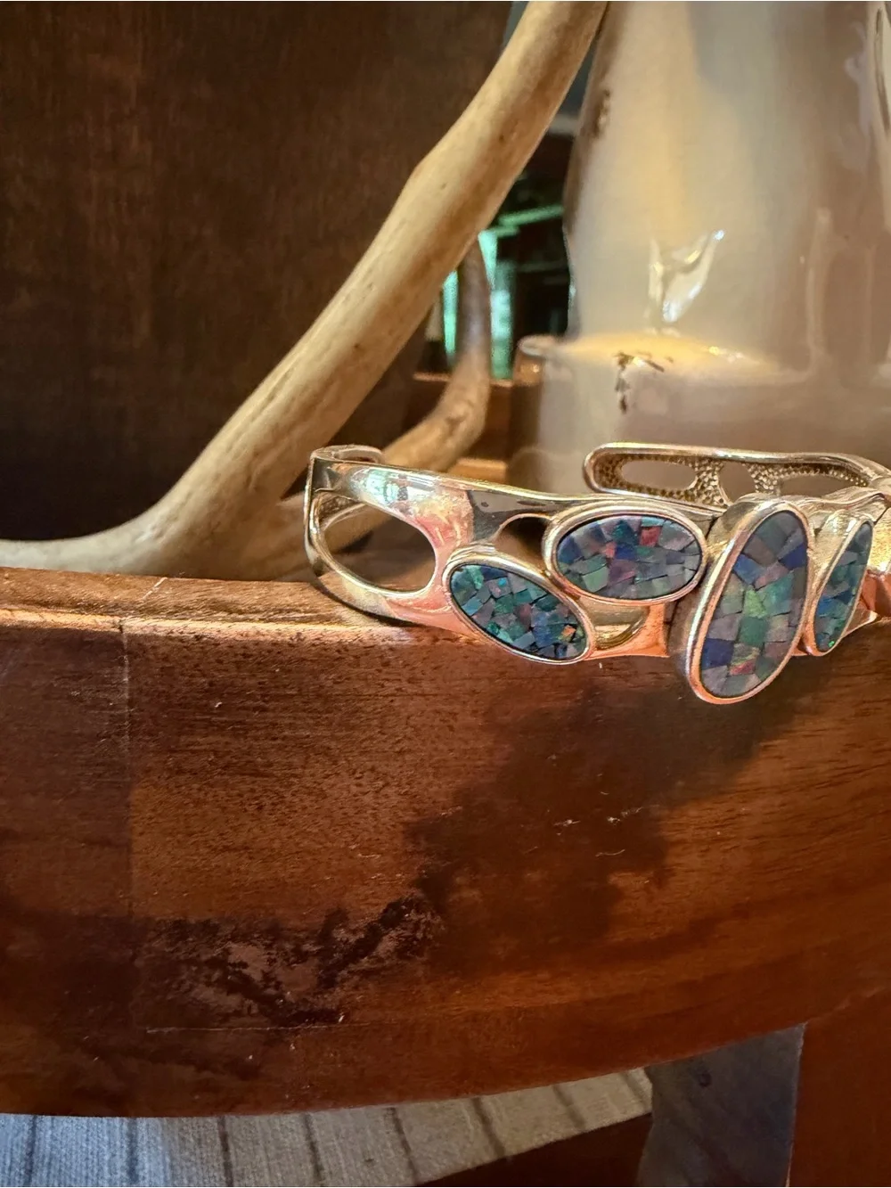 Vintage Whitney Kelley Inlay Blue Fire Opal Mosaic Sterling Silver Cuff Bracelet